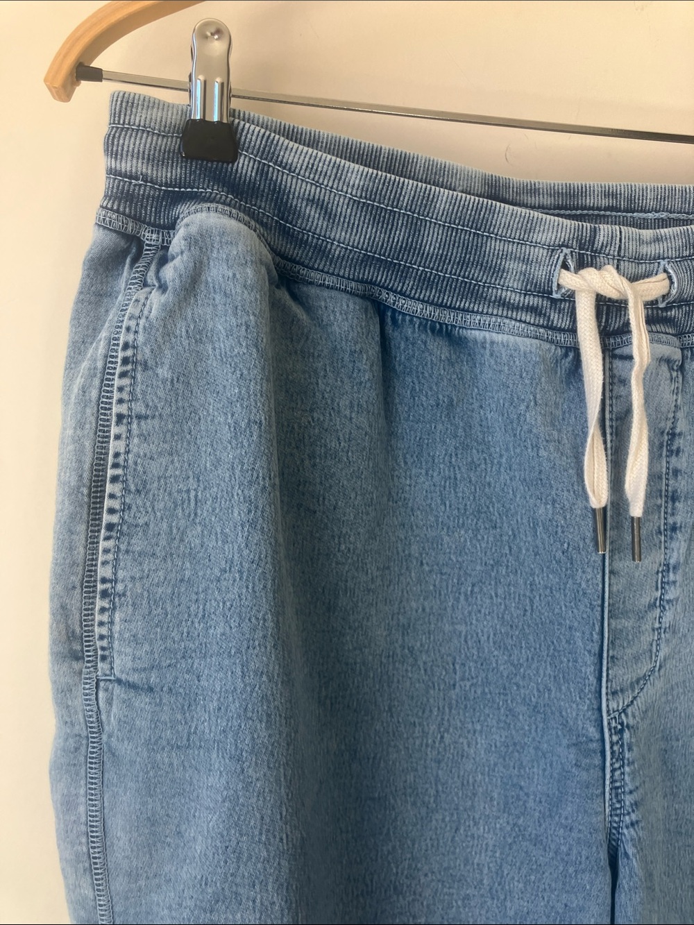 AERIE Real Soft Wide-Leg Jogger Style Blue Denim Pull-On Pants Raw Hem Size L - Picture 2 of 14
